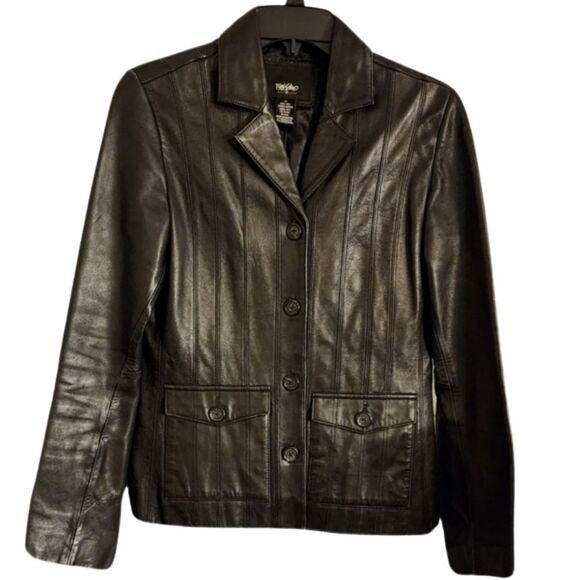 Mossimo Genuine Leather Jacket Women’s Small Black Button Front Blazer Style - Picture 1 of 7